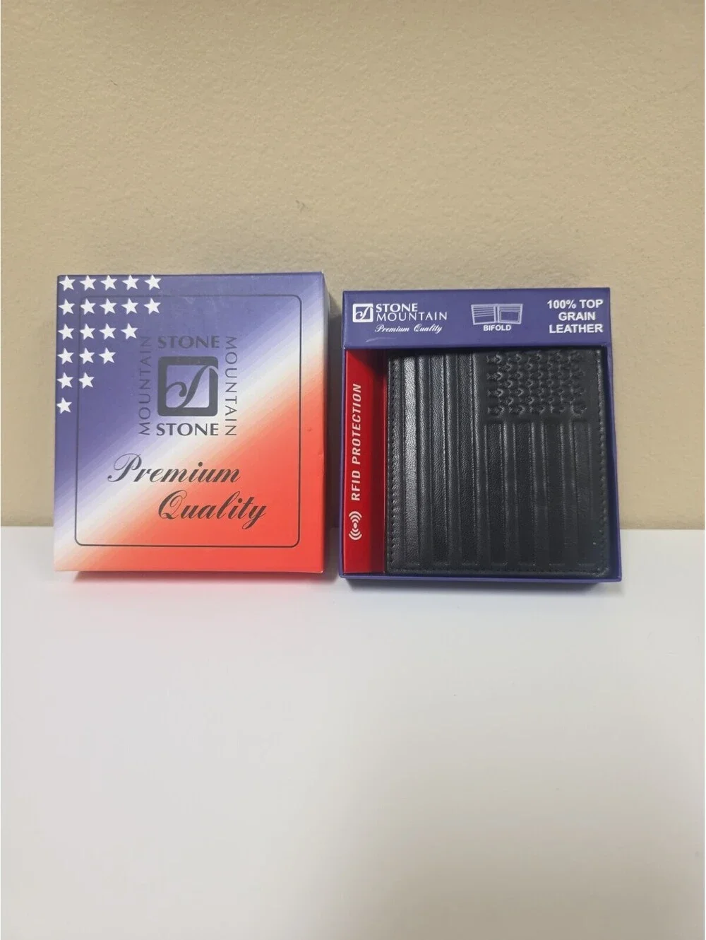 NEW STONE MOUNTAIN BLACK TOP GRAIN LEATHER,U.S. FLAG,Tri-FOLD RFID MEN WALLET
